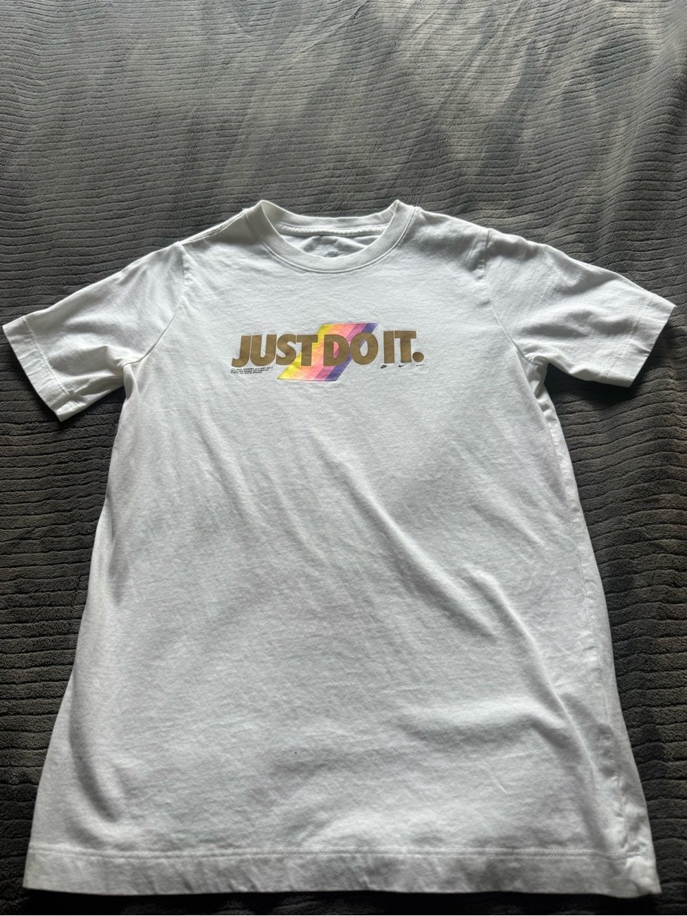 Nike White Short Sleeve Tee with Multicolor "Just Do It" Logo
